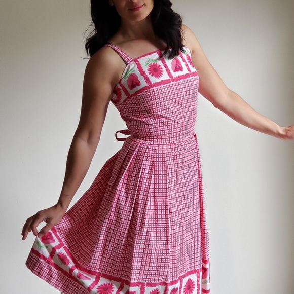 1950s Vintage Spring Pink Fit and Flare Dress Floral Border Frock - Picture 5 of 8